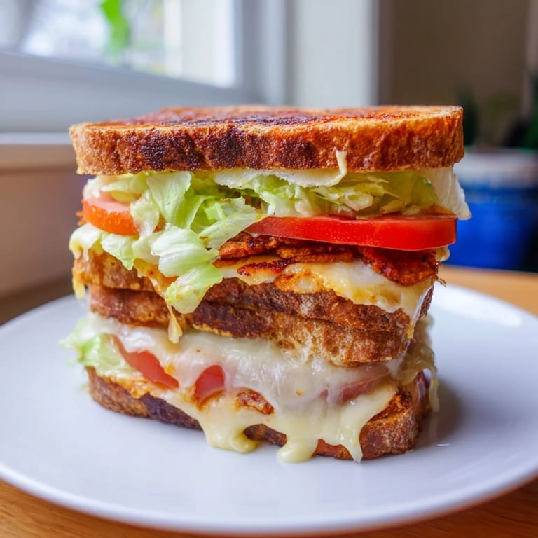 Plant-based Vegan Bacon BLT Grilled Cheese served with a side of creamy tomato soup for dipping.