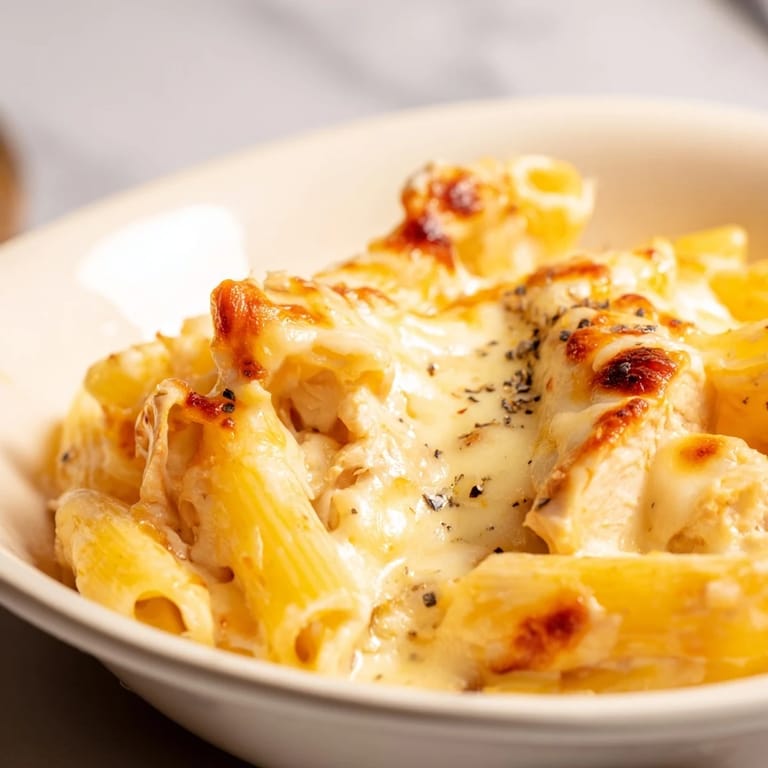 A slice of Chicken Ranch Pasta Bake reveals creamy ranch sauce, golden cheese, and garnish of fresh green chives.
