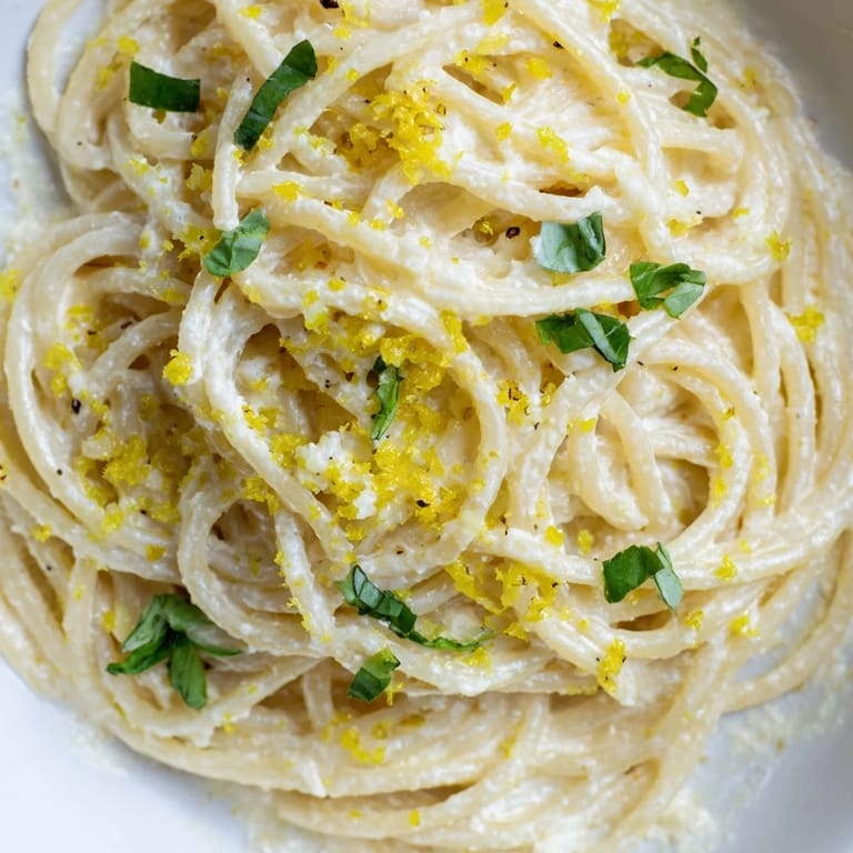 Bright overhead shot of Lemon Ricotta Pasta, garnished with grated Parmesan and a lemon wedge, served in a shallow bowl for a light lunch.