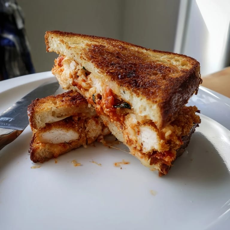 Homemade Chicken Parm Grilled Cheese sandwich features a breaded chicken cutlet, rich tomato sauce, and gooey cheese between buttery garlic toast.