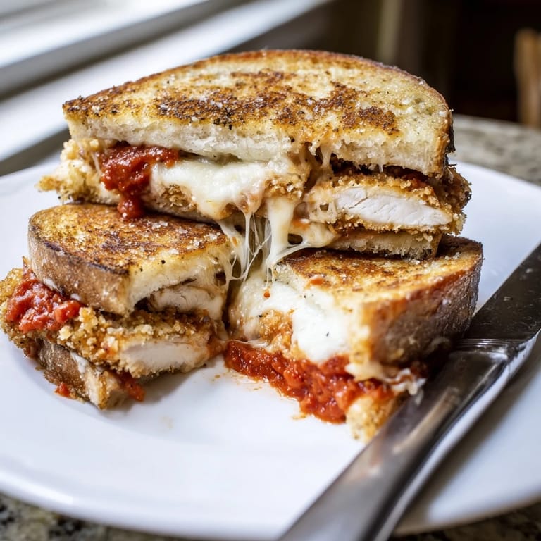 A close-up of a toasted Chicken Parm Grilled Cheese, revealing layers of tender chicken, vibrant marinara, and stringy melted mozzarella.