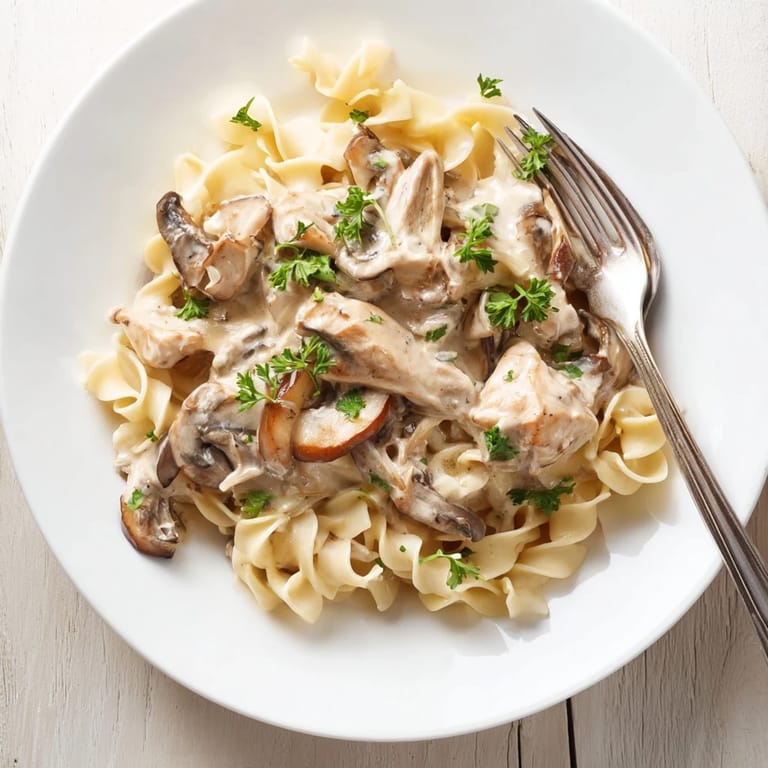 Tender chicken and earthy cremini mushrooms in a rich, creamy stroganoff sauce, topped with parsley and served alongside egg noodles.