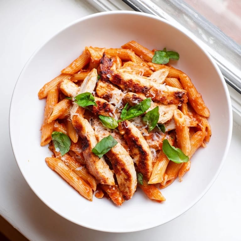 A close-up of Spicy Tomato Chicken Pasta reveals tender penne tossed in a zesty chili tomato sauce, with chicken strips and Parmesan.