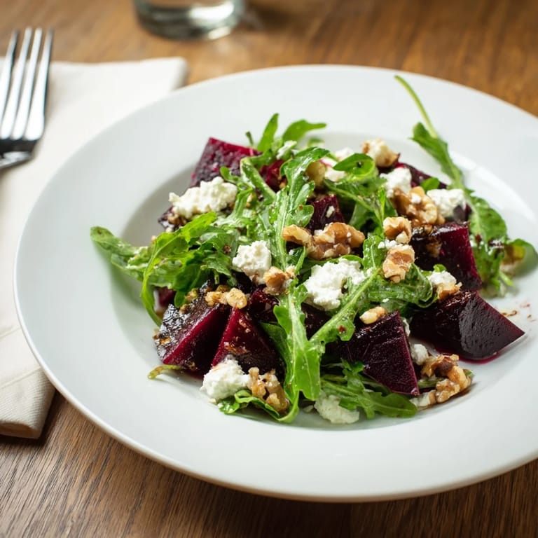 A close-up of the Roasted Beet Goat Cheese Salad showcases earthy beets, tangy cheese, and glistening dressing for a fresh American side dish.