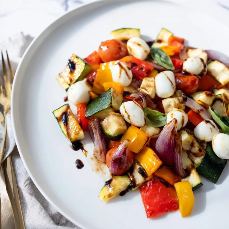 A close-up of Roasted Veggie Caprese Salad with golden roasted zucchini, mozzarella pearls, and torn basil garnish.