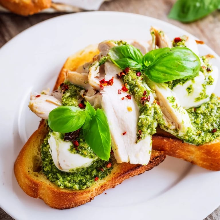 Homemade Pesto Chicken Burrata Toast with toasted sourdough, tender chicken, and melted burrata on a rustic plate.