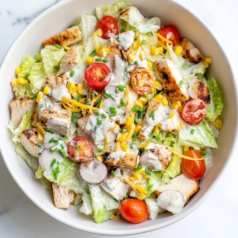 Plated Ranch Chicken Chopped Salad garnished with fresh chives, ready for a light, high-protein lunch or dinner.