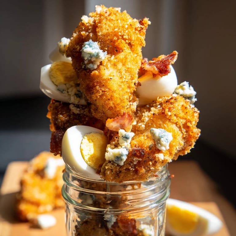 Crunchy panko-coated chicken, hard-boiled egg quarters, and diced avocado top this vibrant, layered Crispy Chicken Cobb Jar Salad.