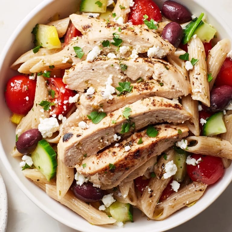 Tender chicken and pasta mingle with cherry tomatoes, olives, and feta in a fresh Greek Chicken Pasta Bowl.