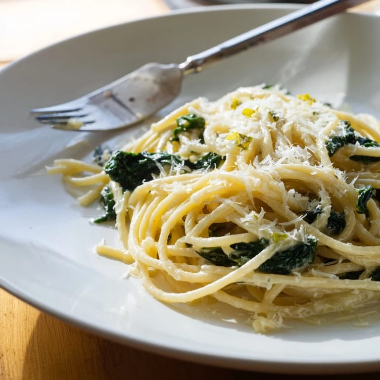 Serving suggestion for Creamy Lemon Spinach Spaghetti with extra Parmesan and lemon zest beside a glass of white wine.