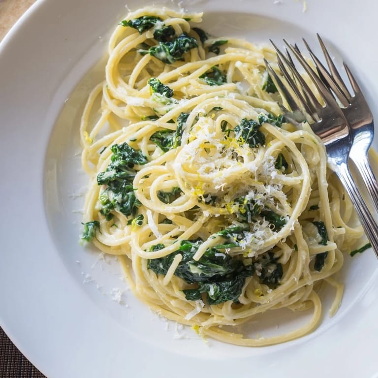 A close-up of Creamy Lemon Spinach Spaghetti piled on a white plate, showcasing vibrant green spinach and zesty lemon zest.