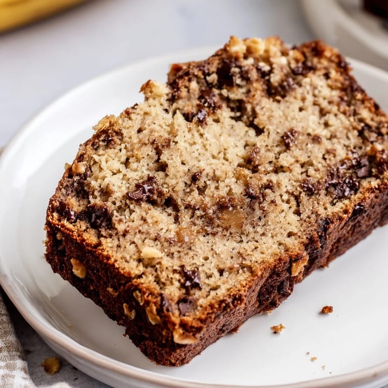 A freshly baked loaf of Chocolate Chip Peanut Butter Oatmeal Banana Bread with peanut chunks and sliced bananas on top.  