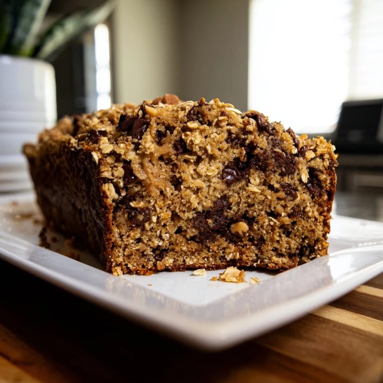 A close-up view of Chocolate Chip Peanut Butter Oatmeal Banana Bread showing moist crumbs and a golden-brown crust.