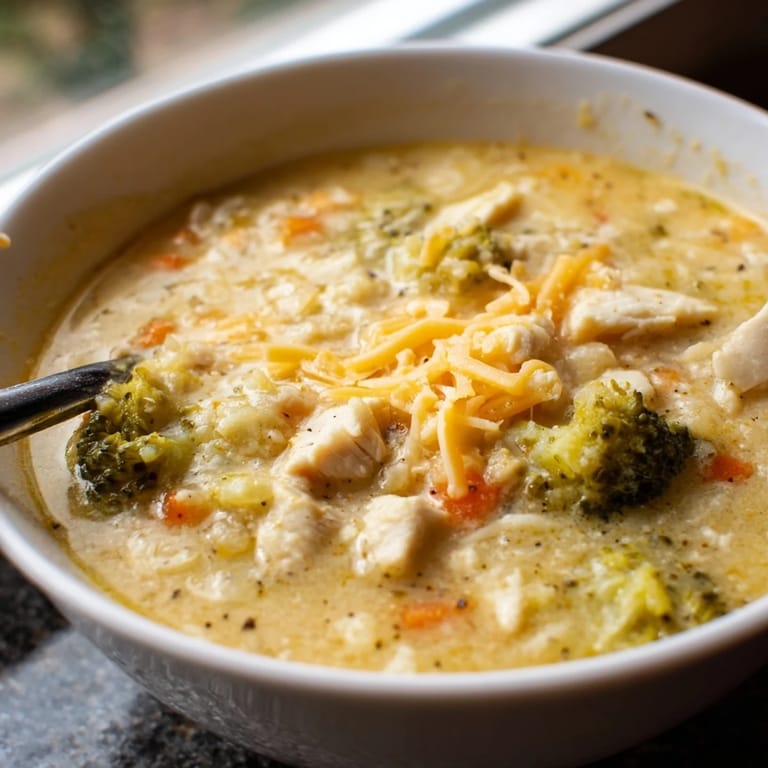 Creamy Chicken Broccoli Cheddar Soup served hot in a rustic mug, garnished with extra sharp cheddar and a side of crusty bread.