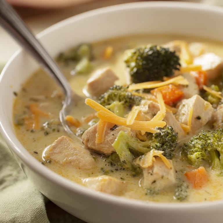 Steaming bowl of homemade Chicken Broccoli Cheddar Soup with vibrant green broccoli, diced carrots, and shredded chicken in a rich, cheesy base.
