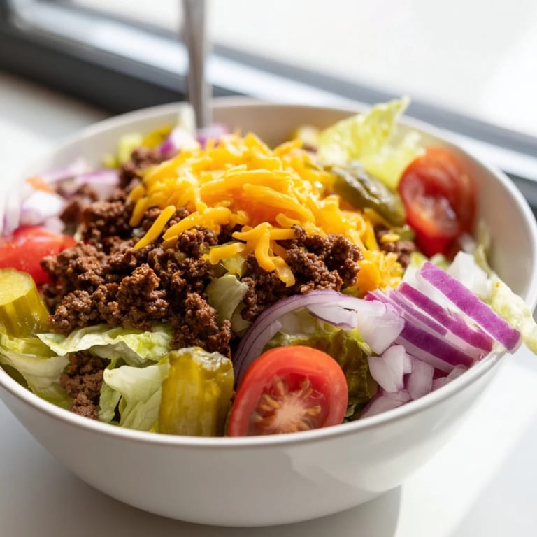 The Easy Big Mac in a Bowl showcases colorful ingredients like cherry tomatoes, red onion, and dill pickles, creating a vibrant low-carb meal.