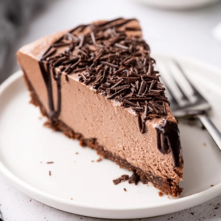 Overhead shot of a whole Lighter Chocolate Cottage Cheese Cheesecake in a springform pan, garnished with fresh raspberries and a dusting of cocoa powder.