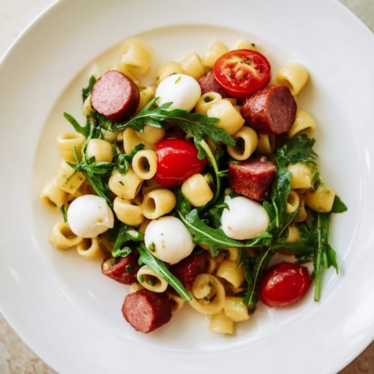 A vibrant bowl of antipasto pasta salad featuring ditalini, salami, mozzarella, pickled veggies, and arugula, ready for spring picnics.  