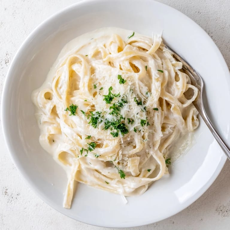 Easy Creamy Cauliflower Alfredo twirls on a fork, with a creamy cauliflower sauce clinging to golden fettuccine noodles.  