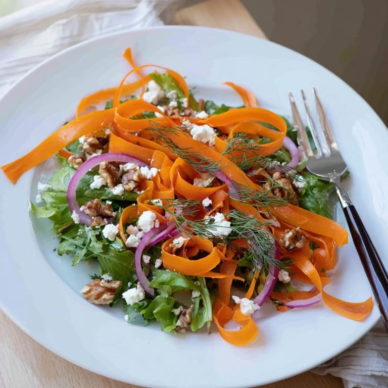 Golden, caramelized carrot ribbons atop mixed greens with feta, nuts, and fresh herbs.