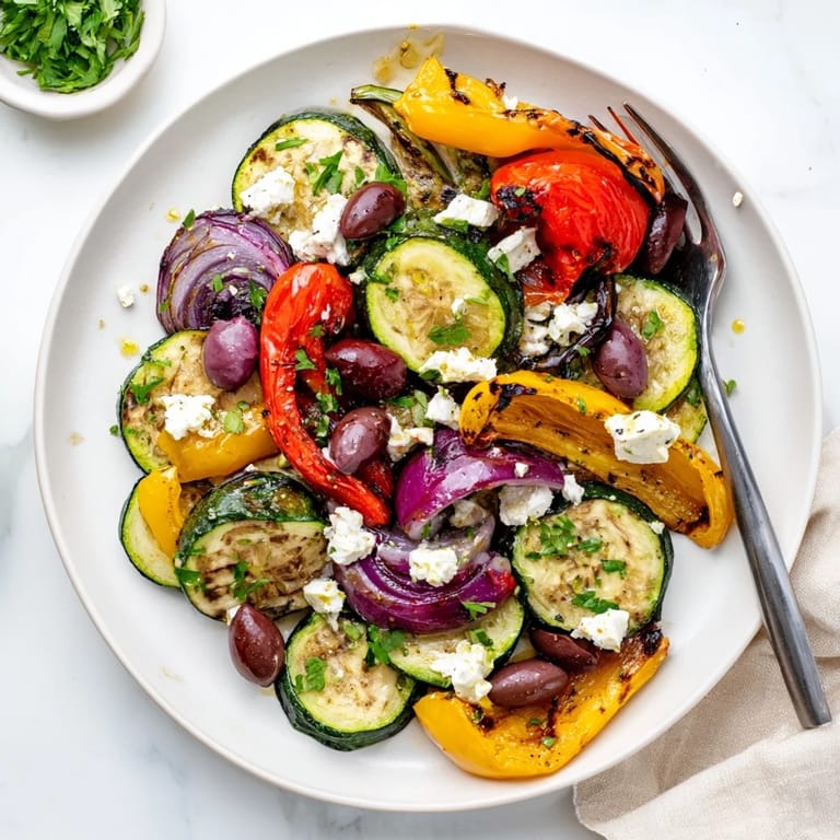 A close-up view of roasted bell peppers, eggplant, and cherry tomatoes mixed with feta and olives in this vibrant vegetarian side dish.