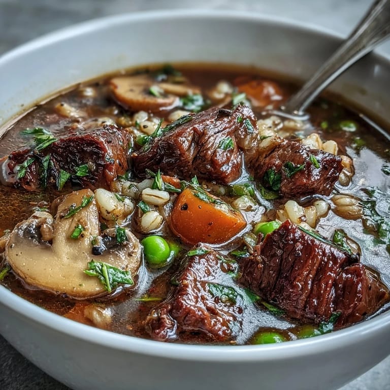Hearty Beef and Barley Soup served in a rustic bowl, perfect for a cold winter dinner with crusty bread.