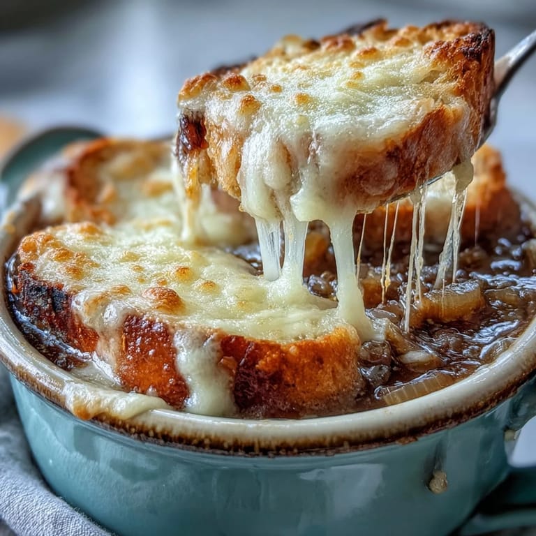 A close-up of Classic French Onion Soup reveals a toasted baguette slice sinking into rich, caramelized onion broth.