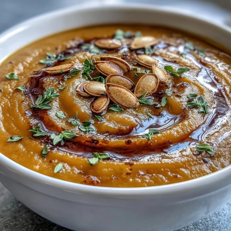 A ladle of golden Butternut Squash Soup poured into a white bowl, served with crusty bread alongside.