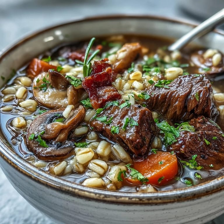 Tender beef and barley soup with mushrooms served beside crusty bread on a cozy wooden table.