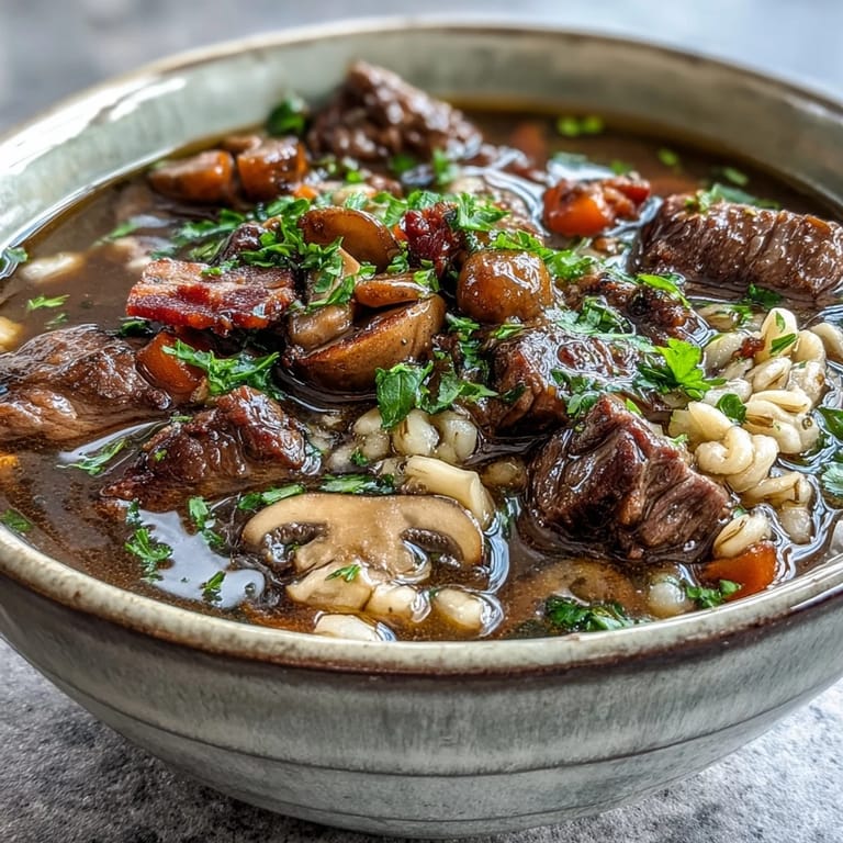 Hearty beef and barley soup with mushrooms simmering in a pot, featuring pancetta and carrots.