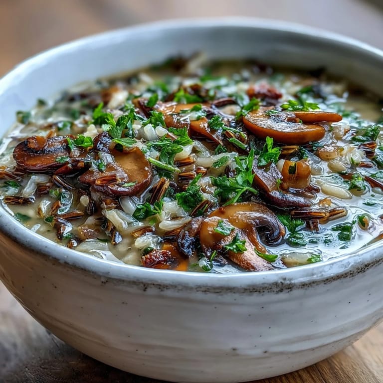 Earthy Wild Rice Mushroom Soup simmering in a pot, featuring tender wild mushrooms, carrots, and celery.