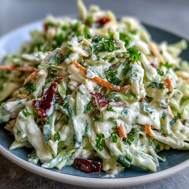 Coleslaw With Creamy Dressing served chilled as a side dish, garnished with fresh parsley alongside barbecue chicken.