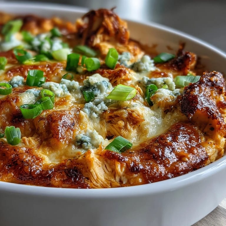 Hot, cheesy Buffalo Chicken Dip fresh from the oven, golden crust and green onion garnish perfect for game day snacking.