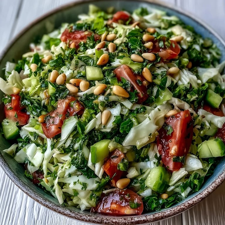 Freshly chopped parsley and mint add bright aromatics to a crisp Lebanese Cabbage Salad served chilled in a bowl.