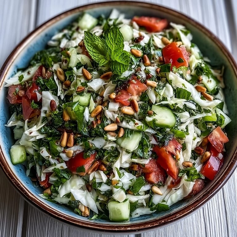 A vibrant Lebanese Cabbage Salad with diced cucumbers and green onions, ready to enjoy as a refreshing light side dish.