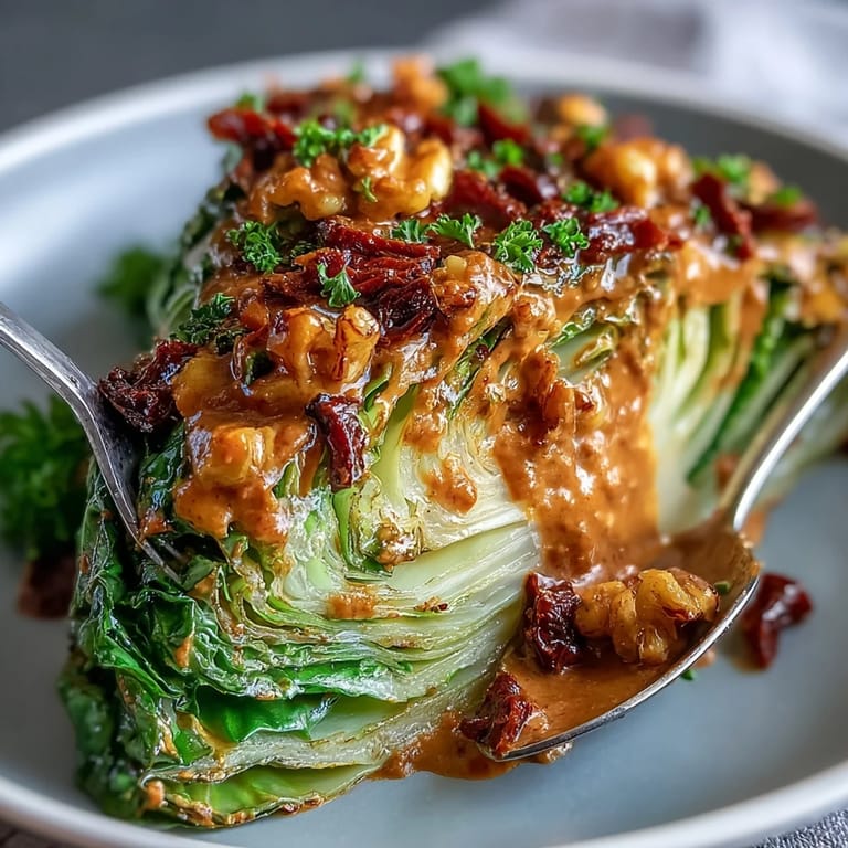 Golden-brown cabbage wedges drizzled with nutty romesco and fresh parsley garnish.