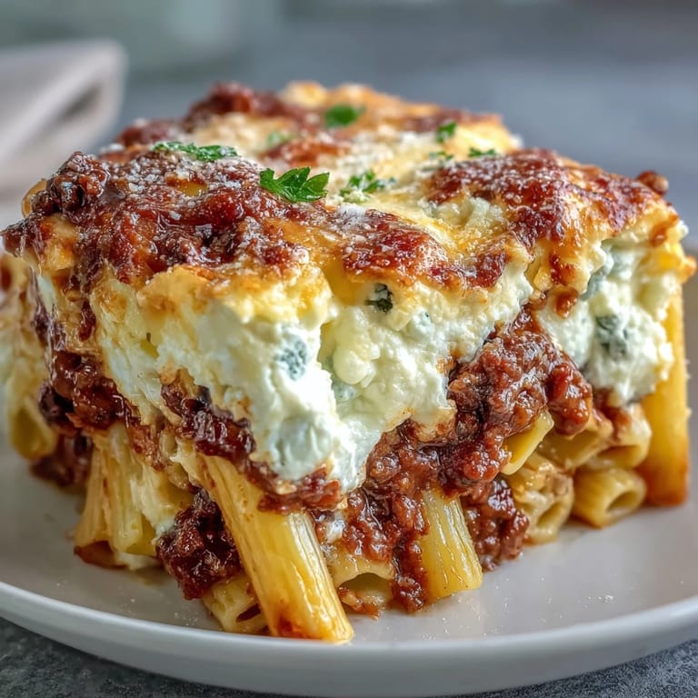 A slice of Cottage Cheese Protein Pasta Bake is lifted from the dish, revealing fluffy cottage cheese, tender pasta, and savory beef filling.