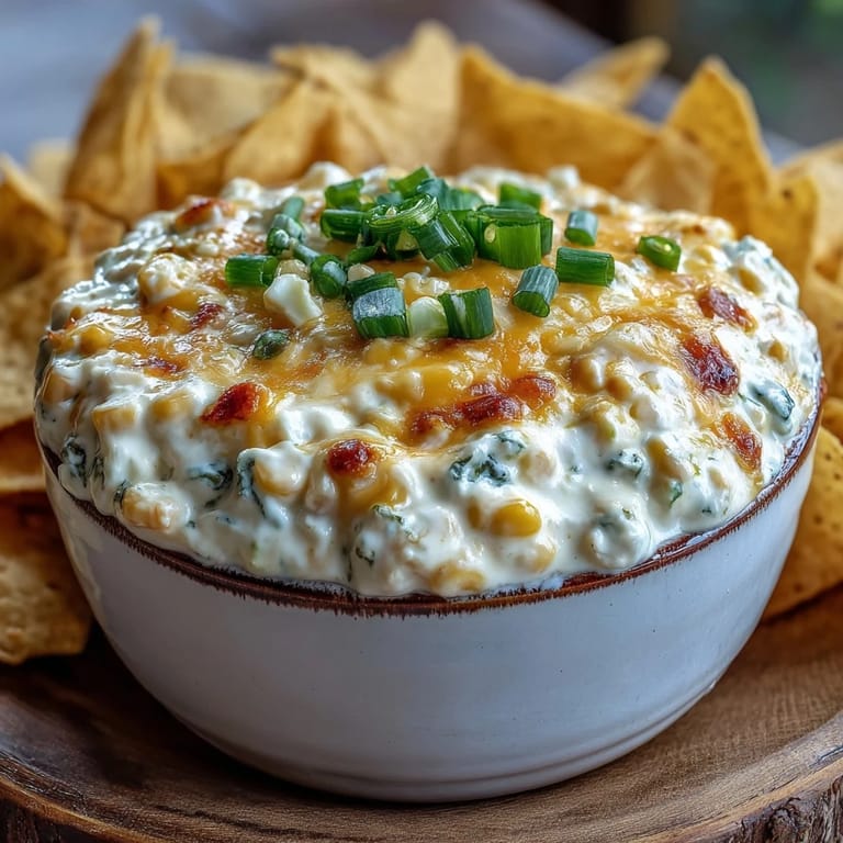 Close-up of Crack Corn Dip showing sweet corn kernels and smooth cream cheese with a drizzle of sour cream.
