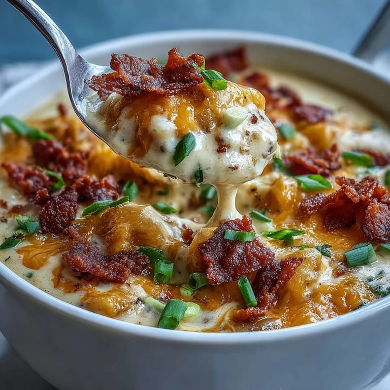 Warm Loaded Potato Soup garnished with sour cream, extra cheddar, and scallions, beside a slice of crusty bread.