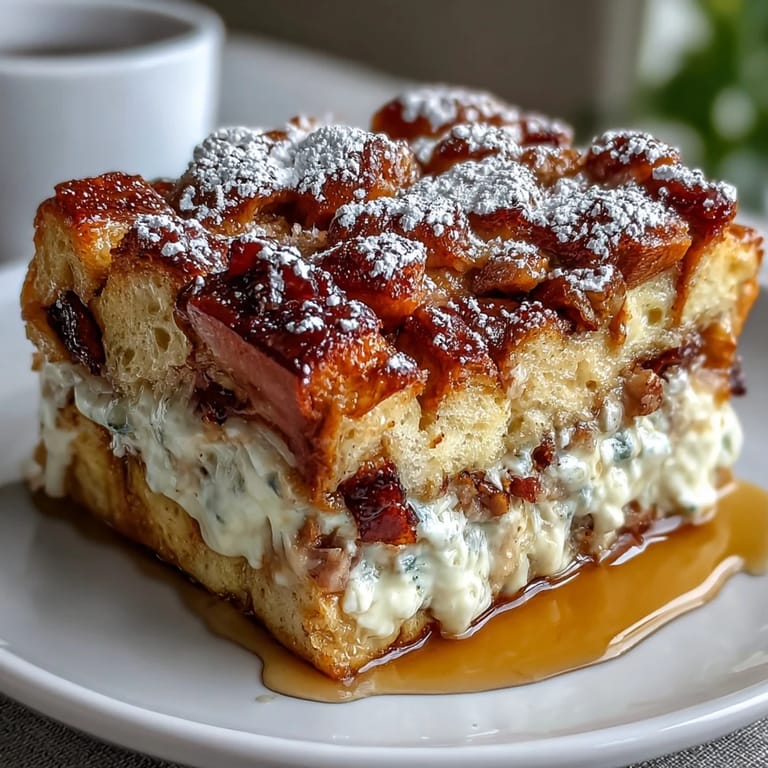 Slices of Monte Cristo Breakfast Casserole reveal layers of ham, turkey, and melted Swiss cheese.