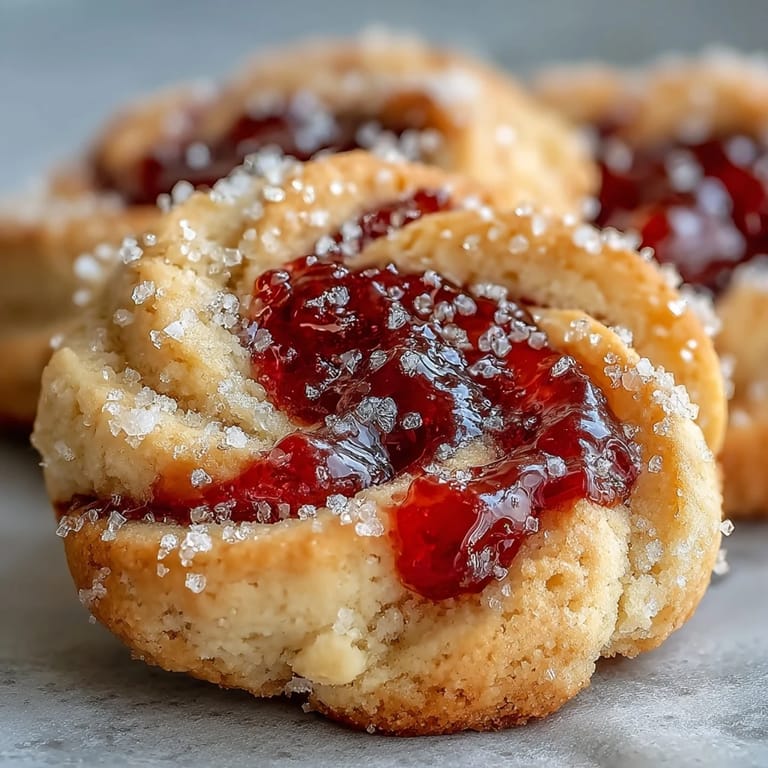Close-up of Raspberry Swirl Shortbread Cookies showing crisp edges and soft centers dusted with sparkling granulated sugar.