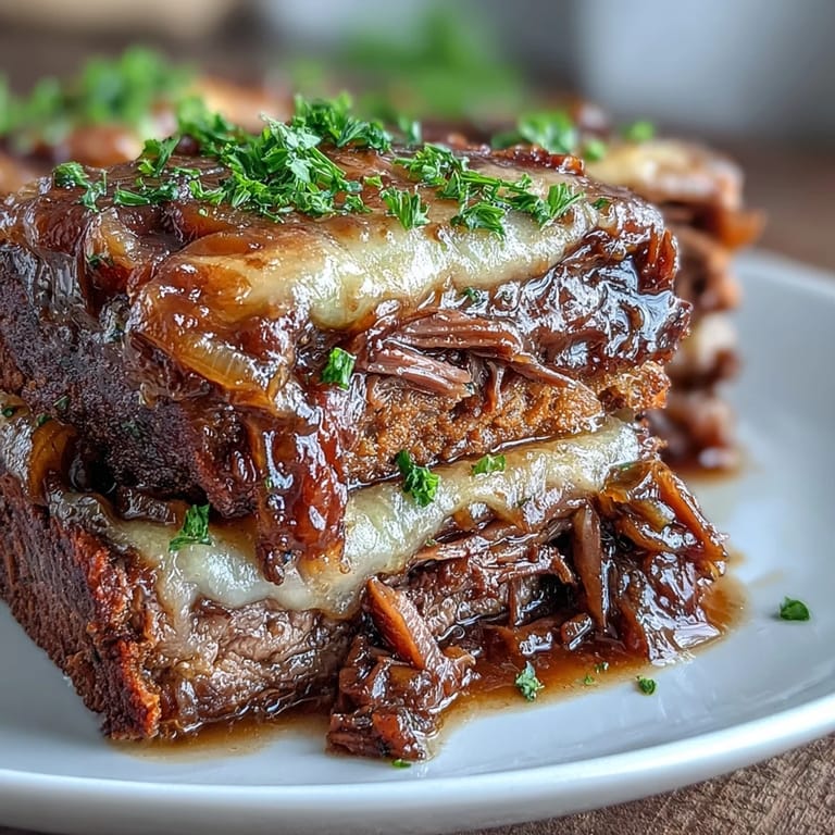 Slow cooker Savory Crock Pot French Onion Pot Roast offers fork-tender beef with gooey cheese and fresh parsley garnish.
