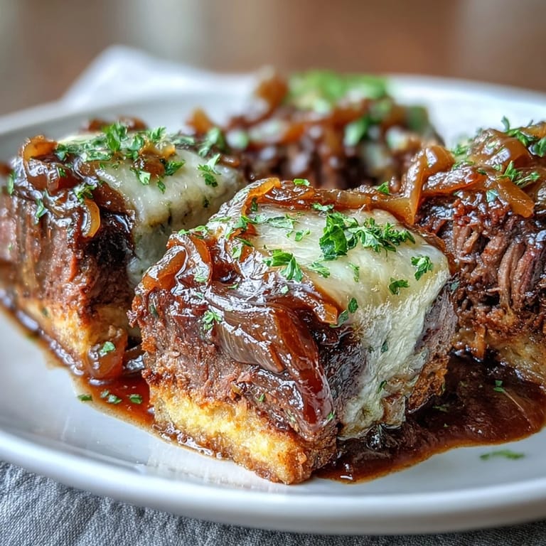 In a bowl, Savory Crock Pot French Onion Pot Roast steams with thyme, wine juices, and onions over mashed potatoes.