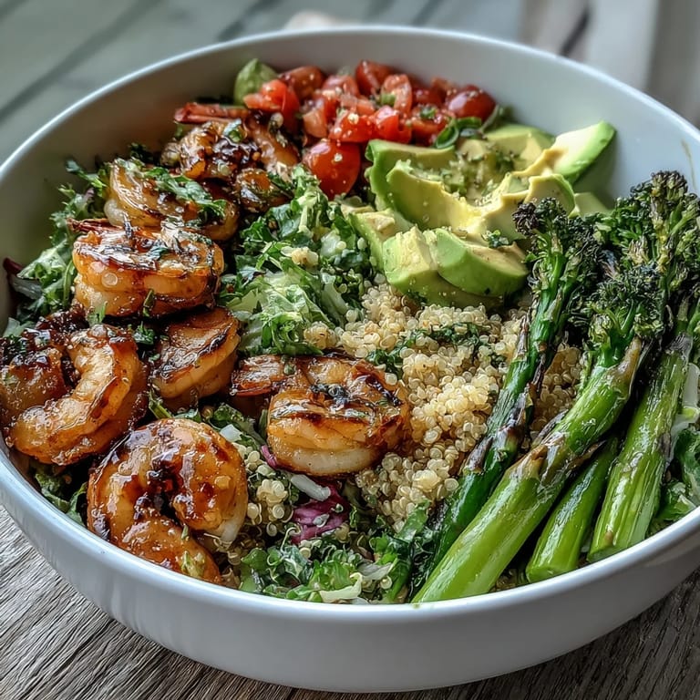 Serving suggestion for a Rainbow Vegetable Detox Bowl with quinoa, shrimp, tomato, and a tangy balsamic glaze.