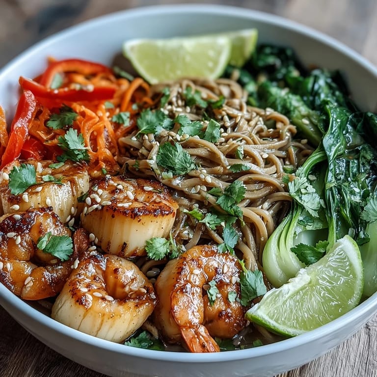 Garnished Asian Noodle Bowl with Shrimp and Scallops topped with scallions and sesame seeds over silky rice noodles.