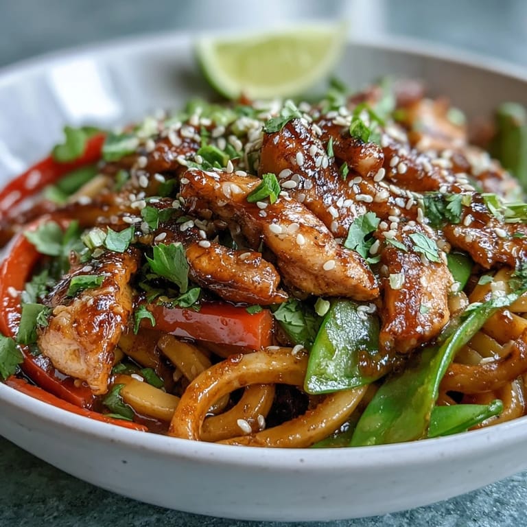 Vibrant stir-fried Sesame Chicken Noodle Bowl tossed with crisp red bell peppers and tender snap peas.