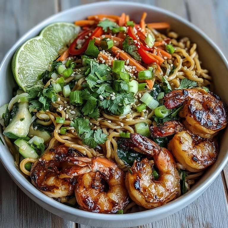 Enjoy a quick weeknight meal: 15-Minute Asian Noodle Bowl topped with succulent shrimp and crisp vegetables.