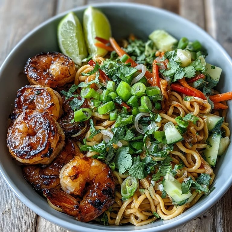 Freshly grilled shrimp garnish this 15-Minute Asian Noodle Bowl with vibrant herbs and sesame seeds for a quick dinner.