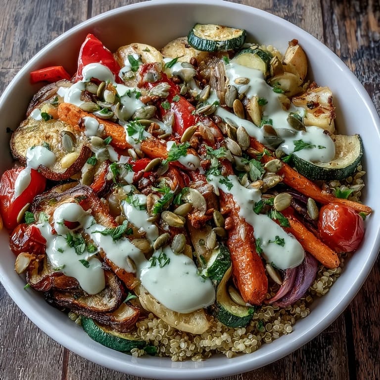 A close-up of a vibrant roasted vegetable quinoa bowl, featuring smoky paprika cauliflower and a generous drizzle of tahini dressing.