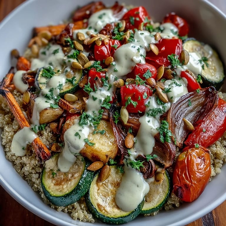 Healthy vegan roasted vegetable quinoa bowl with toasted pumpkin seeds, ready for a delicious gluten-free lunch.